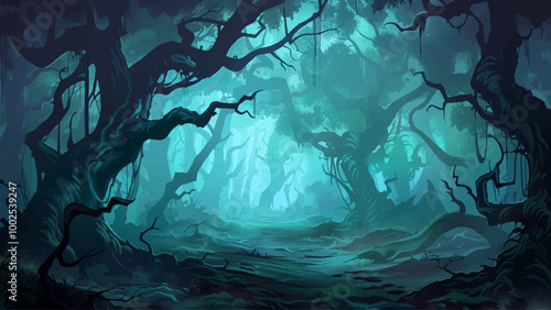 Creepy Forest Cartoon Background Illustration Featuring Gnarled Trees Shadowy Underbrush And Foggy Atmosphere With Dark Colors And Spooky Details Like Ghostly Shapes And Flickering