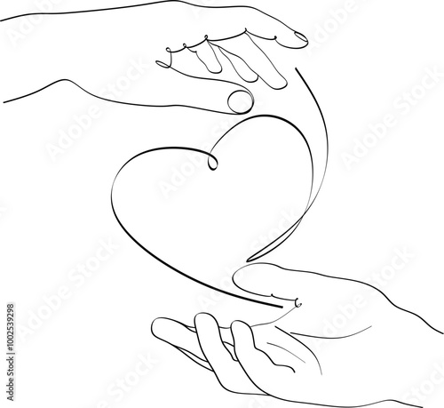 Hands with heart line drawing. Love symbol one line print minimalist drawing. Hands couple fashion minimalist illustration. Hand drawn.