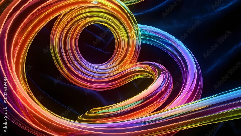 A Colorful Neon Curly Geometry Shape on a Black Background, 3D Design A Colorful Neon Curly Geometry Shape on a Black Background, 3D Design