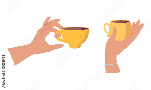 Hands with hot drink cups. Beverages ceramic mugs