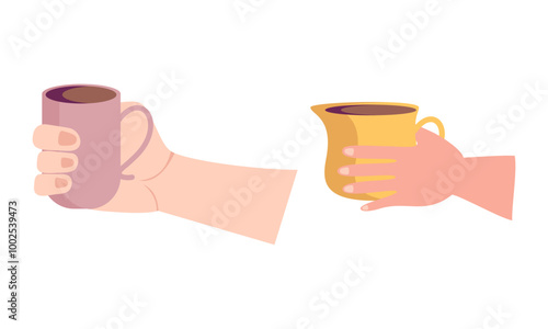 Hands with hot drink cups. Beverages ceramic mugs