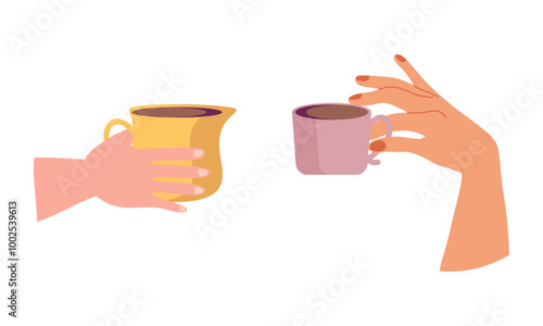 Hands with hot drink cups. Beverages ceramic mugs