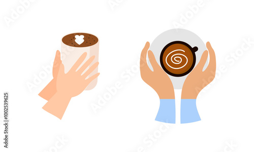 Hands with hot drink cups. Beverages ceramic mugs
