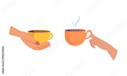 Hands with hot drink cups. Beverages ceramic mugs