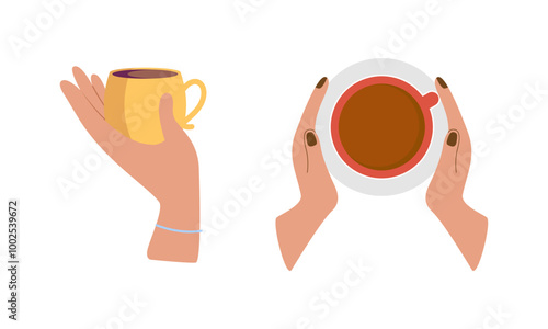 Hands with hot drink cups. Beverages ceramic mugs