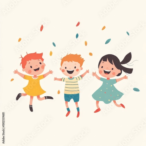 Three children are jumping in the air and having fun