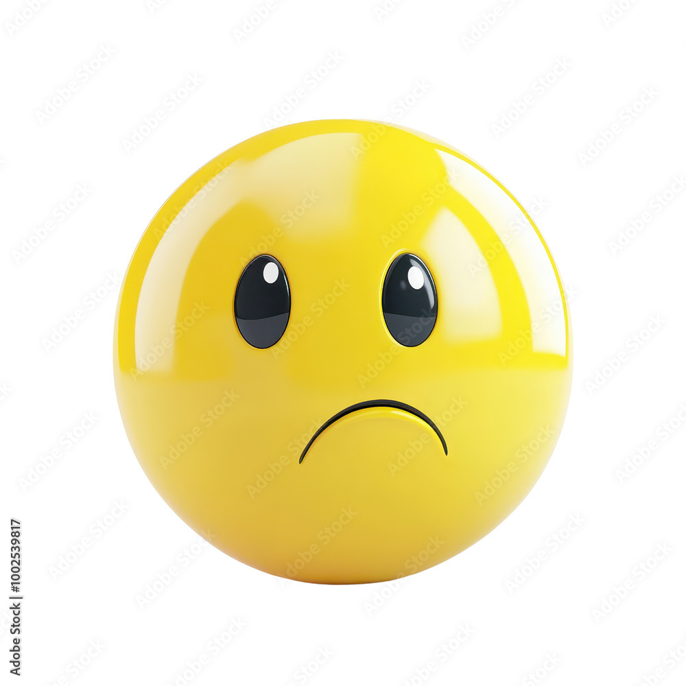A glossy yellow emoji featuring a sad face, perfect for expressing disappointment or melancholy in digital communication., isolated on a transparent background. A glossy yellow emoji featuring a sad face, perfect for expressing disappointment or melancholy in digital communication., isolated on a transparent background.