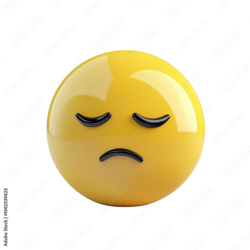 A glossy yellow emoji with a sad expression, featuring closed eyes and a frown, perfect for conveying feelings of disappointment., isolated on a transparent background. A glossy yellow emoji with a sad expression, featuring closed eyes and a frown, perfect for conveying feelings of disappointment., isolated on a transparent background.