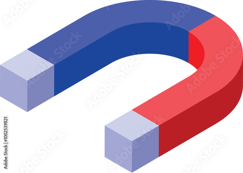 Horseshoe magnet is floating in the air, showing its north and south poles in an isometric view