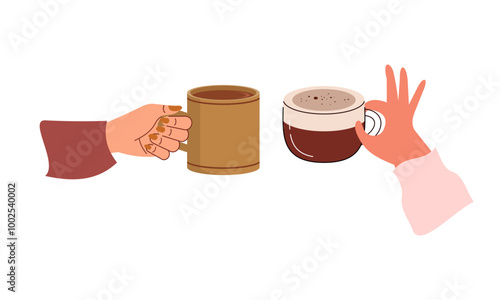Hands with hot drink cups. Beverages ceramic mugs