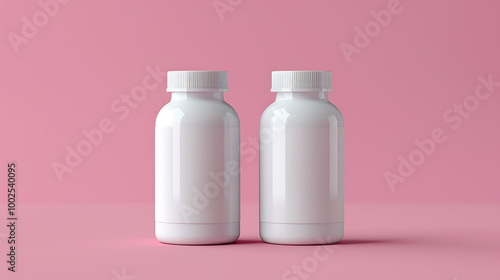 Two white pill bottles on a pink background, perfect for your next product mockup.