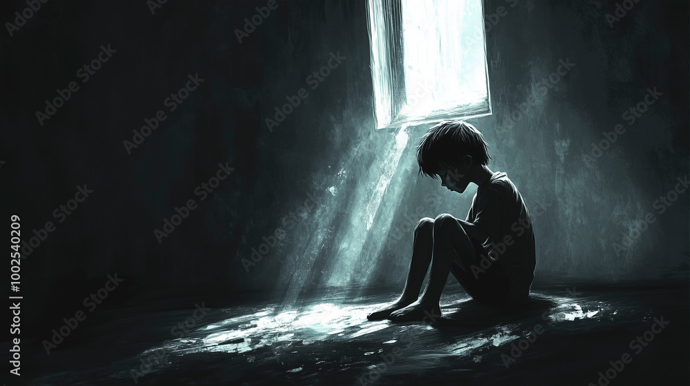 Obraz premium Child abuse and mistreatment, social problems, boy in a corner of a house. Feeling of anguish and restlessness. Problems in the family. Violence against minors. Ai generative
