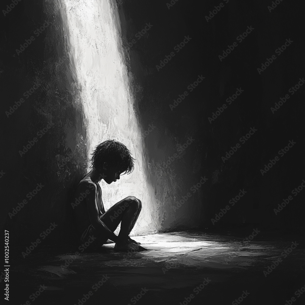 Obraz premium Child abuse and mistreatment, social problems, boy in a corner of a house. Feeling of anguish and restlessness. Problems in the family. Violence against minors. Ai generative