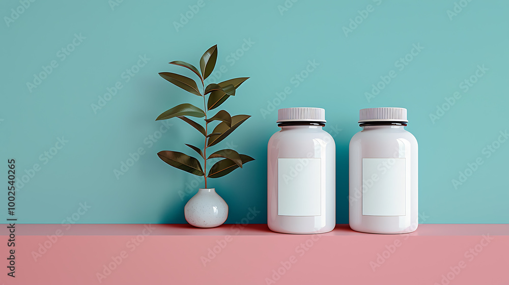Two white supplement bottles with blank labels sit on a pink shelf in front of a turquoise wall with a potted plant. Two white supplement bottles with blank labels sit on a pink shelf in front of a turquoise wall with a potted plant.
