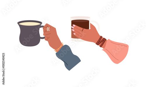 Hands with hot drink cups. Beverages ceramic mugs