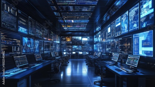 Wallpaper Mural A control room filled with screens monitoring global telecommunications networks, with real-time data flowing. Torontodigital.ca