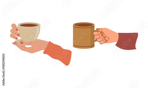 Hands with hot drink cups. Beverages ceramic mugs