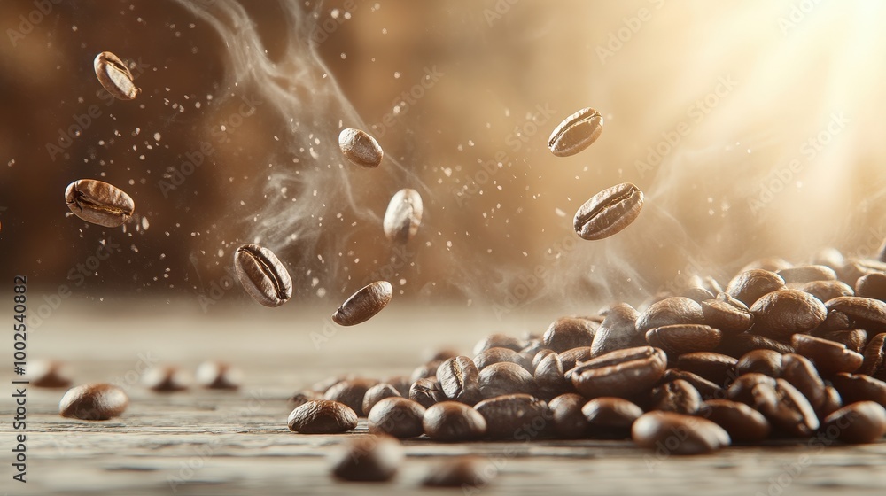 Coffee Beans Falling with Steam in Warm Light Coffee Beans Falling with Steam in Warm Light