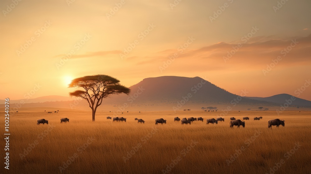 Serene Sunset Over African Savannah with Grazing Animals Serene Sunset Over African Savannah with Grazing Animals