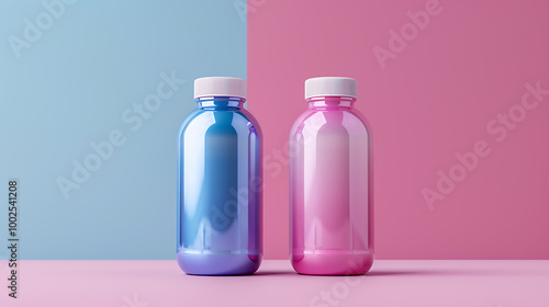 Two colorful bottles with white lids sit on a pink surface, one blue and one pink.