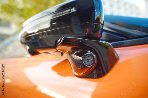 Car advanced side view camera system integrated into the door side mirror, enhanced blind spot detection and rear visibility. Car side mirror with blind spot monitoring closeup