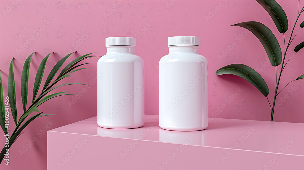 Two white supplement bottles on a pink surface with green leaves in the background. Two white supplement bottles on a pink surface with green leaves in the background.