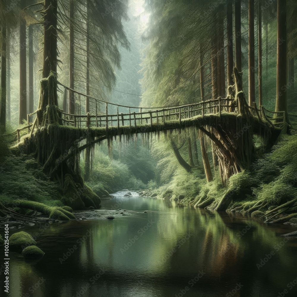 Fototapeta premium A serene forest scene featuring a wooden bridge over a calm river, with trees towering above. The moss-covered structure adds a sense of timeless beauty, perfect for nature lovers and tranquility