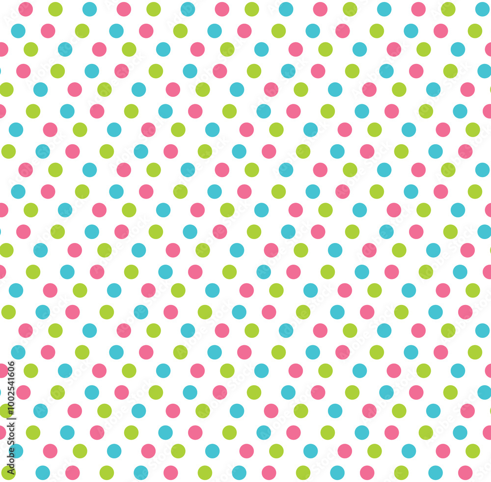 A vibrant pattern of colorful polka dots in pink, blue, and green on a white background. A vibrant pattern of colorful polka dots in pink, blue, and green on a white background.
