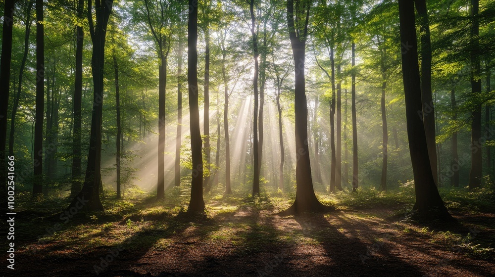 Obraz premium A dense forest in the early morning, with sunlight streaming through the trees, casting long shadows on the misty forest floor.