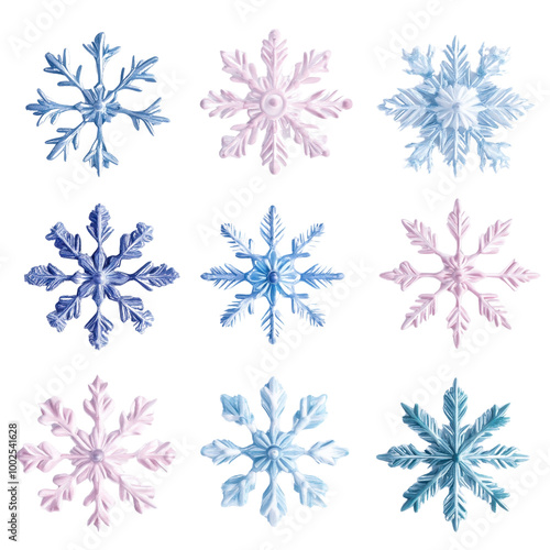 Colorful and unique snowflakes arranged in a beautiful pattern, perfect for winter-themed designs and seasonal decorations.