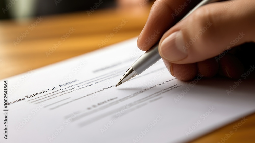 A detailed shot of a person signing a bank loan agreement, with a pen and a stack of documents in the foreground. A detailed shot of a person signing a bank loan agreement, with a pen and a stack of documents in the foreground.