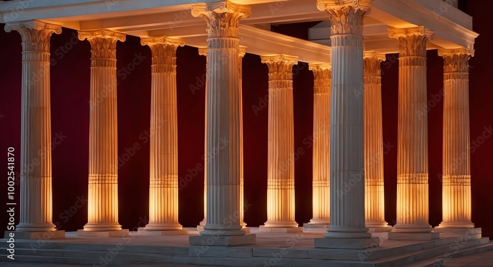 Fototapeta premium Majestic Greek columns bathed in warm amber lighting on a rich burgundy backdrop