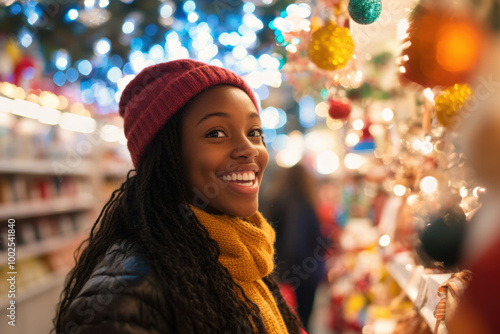 Young woman is smiling while choosing christmas ornaments at a store full of lights