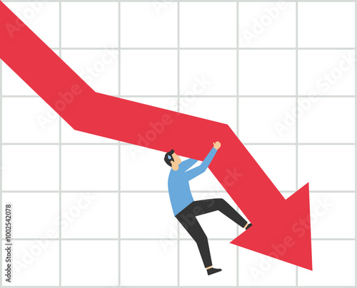 Businessman try hard to hold on falling graph down. Business Concept

