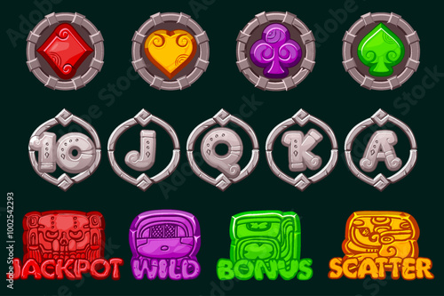 Set of 12 slot symbols Mayan or Aztec theme. Ui element for jackpot in gambling. Stone Icons for 2D Games and Casino or Slots. Graphic elements for the development of slot machines