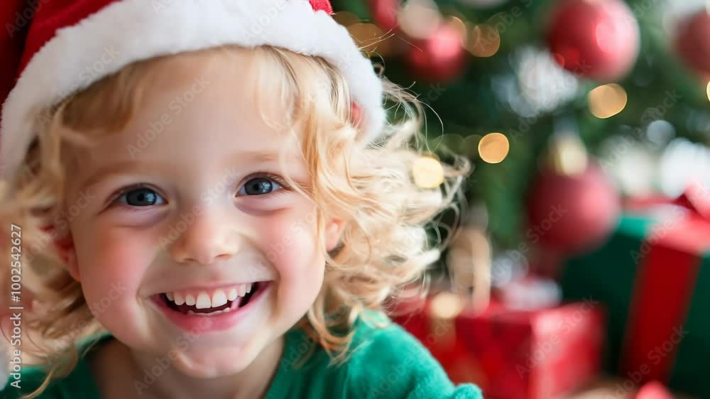 Smiling child in Santa hat holding Christmas gift with festive tree background Smiling child in Santa hat holding Christmas gift with festive tree background