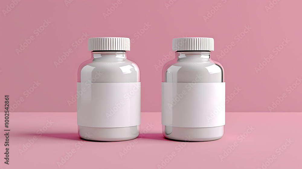 Two white pill bottles with blank labels sit on a pink surface. The bottles are ready for your brand. Two white pill bottles with blank labels sit on a pink surface. The bottles are ready for your brand.