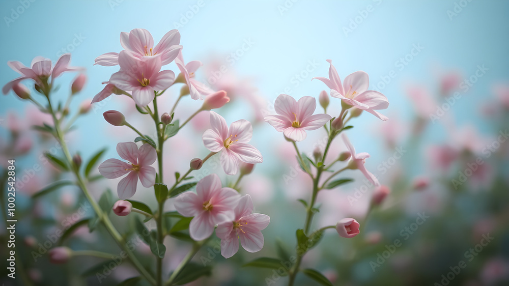 Obraz premium Soft Pink Flowers Against a Light Blue Background