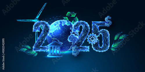 Sustianable development goals for 2025, New Year web banner in futuristic style on blue background