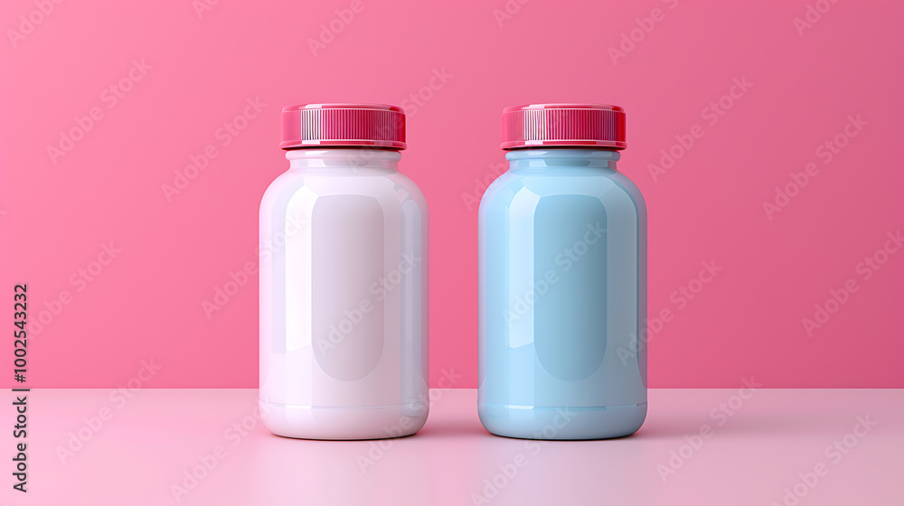 Two bottles, one white and one blue, with red lids, stand on a pink surface. Two bottles, one white and one blue, with red lids, stand on a pink surface.