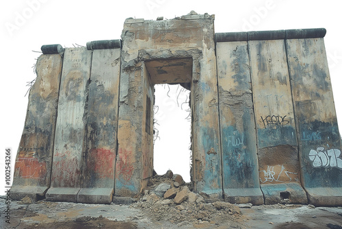 A historical photo of the Berlin Wall being torn down on a transparent background	