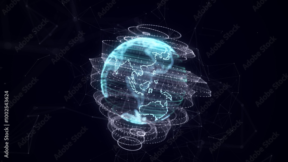 Virtual planet Earth with particles and lines. Network connection big data. Abstract technology background. 3D rendering. Virtual planet Earth with particles and lines. Network connection big data. Abstract technology background. 3D rendering.