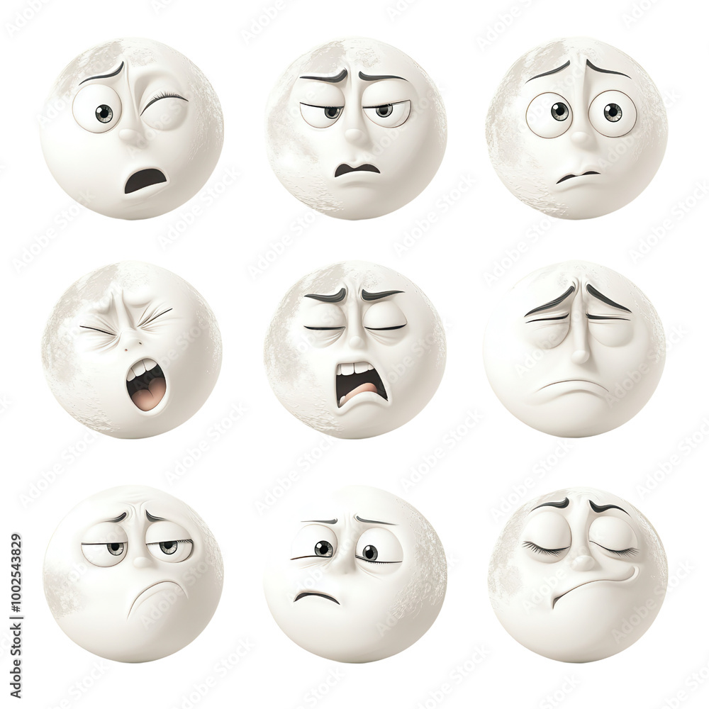 Set of nine expressive cartoon faces showcasing various emotions like sadness, surprise, and confusion., isolated on a transparent background. Set of nine expressive cartoon faces showcasing various emotions like sadness, surprise, and confusion., isolated on a transparent background.