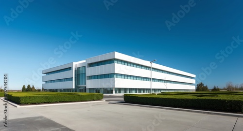 Wallpaper Mural Sleek modern administrative building with an all white exterior surrounded by neatly maintained bushes and a clear expansive blue sky Torontodigital.ca