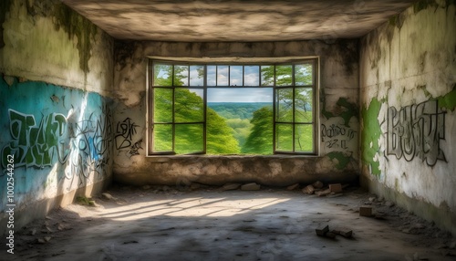 Abandoned tunnel adorned with vibrant graffiti in a derelict building