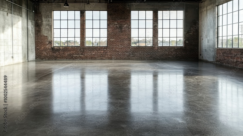 Urban Industrial Warehouse Interior with Exposed Brick Walls, Concrete Floors, and Sleek Black Steel Roof Structure Urban Industrial Warehouse Interior with Exposed Brick Walls, Concrete Floors, and Sleek Black Steel Roof Structure