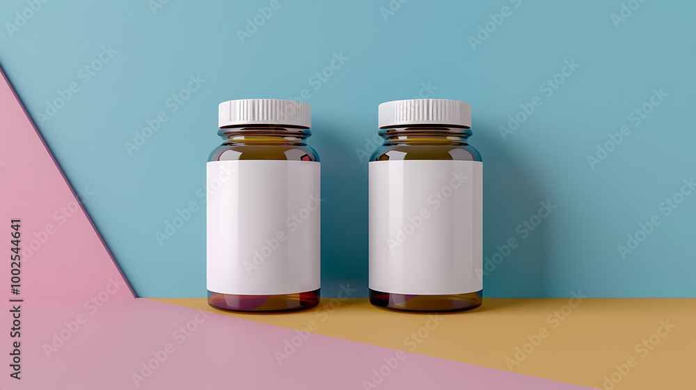 Two brown glass bottles with white labels and white caps on a pastel background. Two brown glass bottles with white labels and white caps on a pastel background.