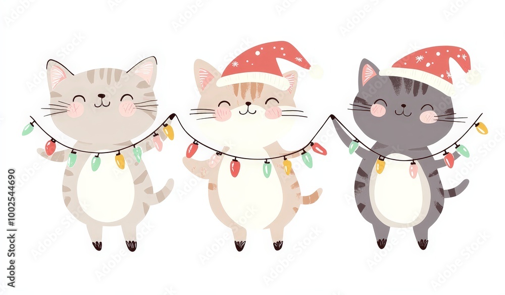 Three cats are holding a string of Christmas lights Three cats are holding a string of Christmas lights