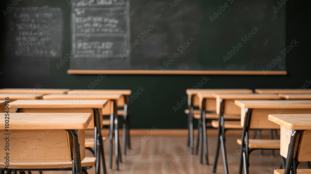 Classic Back to School Setting: Rows of Wooden Chairs and Desks in High School Classroom Classic Back to School Setting: Rows of Wooden Chairs and Desks in High School Classroom