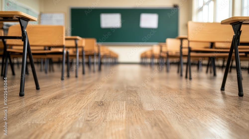 Back to School Ambiance: Serene High School Classroom with Wooden Chairs and Desks Bathed in Soft Light Back to School Ambiance: Serene High School Classroom with Wooden Chairs and Desks Bathed in Soft Light